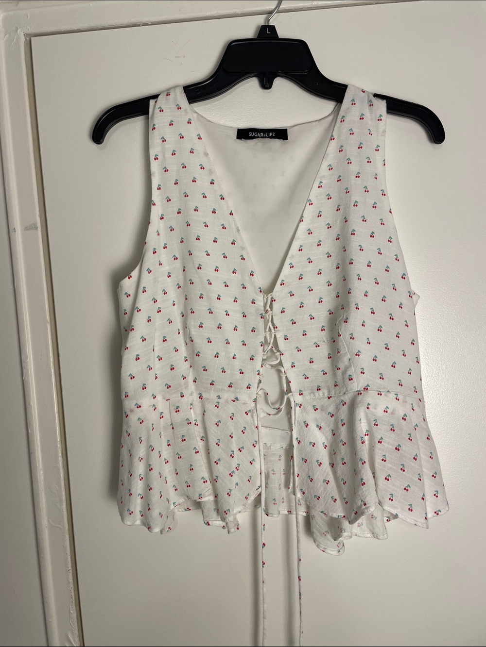 Sugarlips White Lace-Up Peplum Tank with Cherry Print